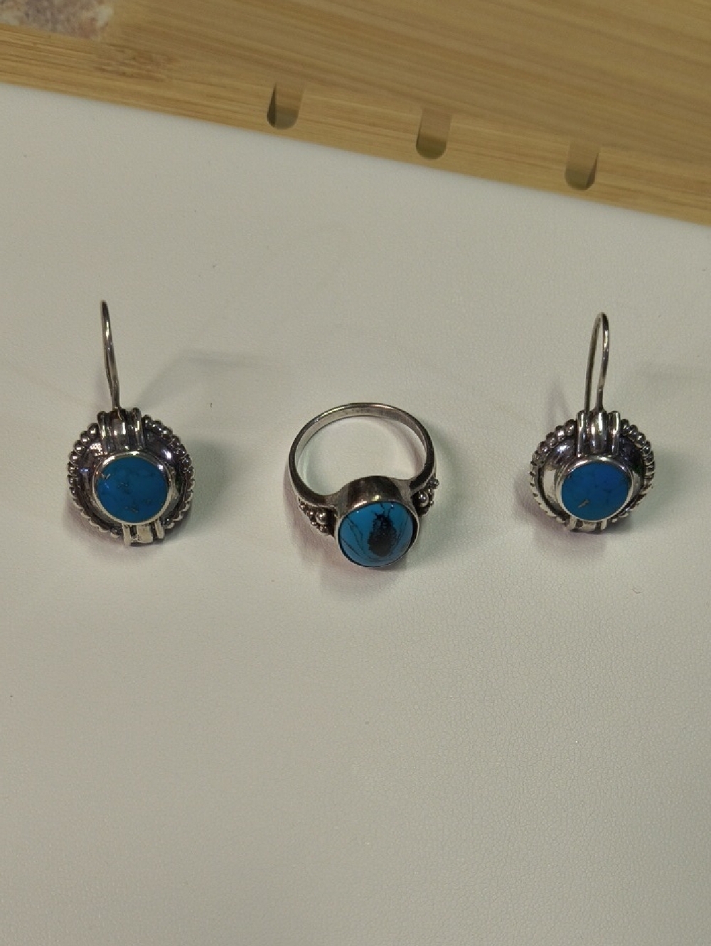 Sterling Silver Turquoise Ring and Earrings Set - Blue EUC.